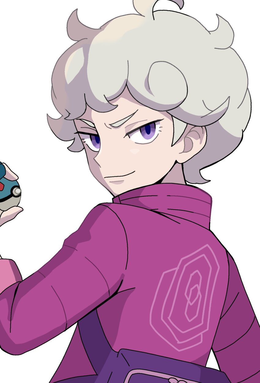 1boy ahoge bede_(pokemon) closed_mouth coat curly_hair eyelashes gloves great_ball hand_up highres holding holding_poke_ball looking_at_viewer male_focus nakikot_t nintendo poke_ball pokemon pokemon_swsh purple_coat purple_eyes short_hair simple_background smile solo white_background