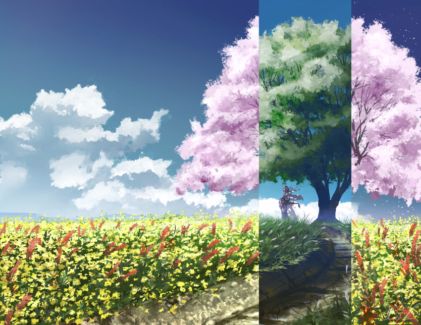 1girl absurdres alternate_hairstyle animal_ears black_skirt blue_sky cherry_blossoms cherry_tree cloud commentary day detached_sleeves english_commentary facing_away falling_petals field floating_hair flower flower_field from_behind full_body grass hat highres inubashiri_momiji landscape large_variant_set long_hair long_skirt nature oubachiago outdoors path petals procreate_(medium) red_ribbon red_trim ribbon road scabbard scenery sheath sheathed shirt signature skirt sky sleeveless sleeveless_shirt solo spring_(season) summer sword sword_on_back sword_tassel tail tokin_hat touhou variant_set very_wide_shot weapon weapon_on_back white_hair white_shirt white_tail wide_sleeves wolf_ears wolf_girl wolf_tail