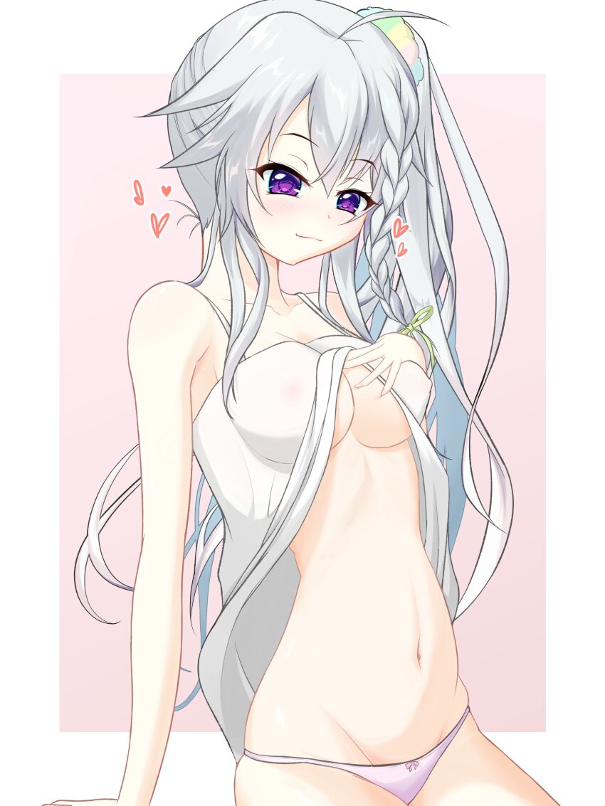1girl 9-nine- :3 absurdres ahoge alternate_costume arm_at_side bare_shoulders blush border braid breasts breasts_day camisole camisole_lift cleavage closed_mouth clothes_lift collarbone commentary_request covered_erect_nipples cowboy_shot eyelashes fingernails good_breasts_day green_ribbon grey_hair groin hair_between_eyes hair_ornament hair_ribbon hair_scrunchie hand_up heart highres lifting_own_clothes long_hair looking_at_viewer medium_breasts navel niimi_sora outside_border panties pink_background pink_panties purple_eyes ribbon ryu9voice scrunchie seductive_smile side_ponytail sidelocks simple_background single_braid sitting skindentation smile solo spaghetti_strap stomach underwear very_long_hair white_border white_camisole
