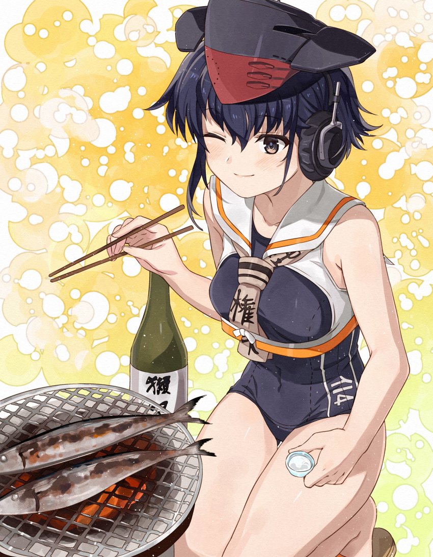 1girl absurdres alcohol asymmetrical_hair black_hair black_one-piece_swimsuit blush bottle breast_cutout brown_eyes brown_neckerchief choko_(cup) chopsticks cooking cup fish fish_(food) framed_breasts grill grilling hair_between_eyes headphones highres i-14_(kancolle) kanmiya_shinobu kantai_collection neckerchief one-piece_swimsuit one_eye_closed sailor_collar sake sake_bottle saury school_swimsuit shirt short_hair solo squatting swimsuit yellow_background