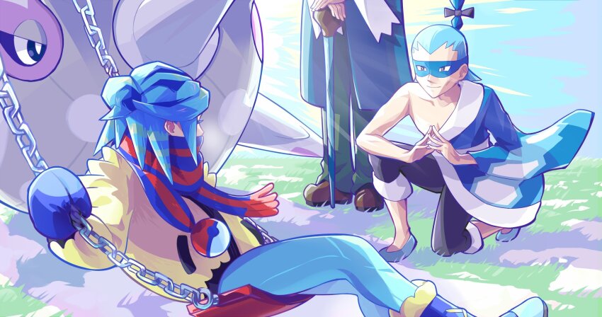 3boys blue_coat blue_footwear blue_hair blue_mittens blue_scarf boots brown_footwear brycen_(pokemon) cane cetitan closed_mouth coat commentary_request ffccll green_pants grusha_(pokemon) highres holding holding_cane jacket male_focus mittens multiple_boys nintendo on_one_knee on_swing pants pokemon pokemon_(creature) pokemon_bw pokemon_hgss pokemon_sv pryce_(pokemon) scarf shoes single_sleeve smile standing striped_clothes striped_scarf swing swinging_on_swing white_scarf yellow_jacket