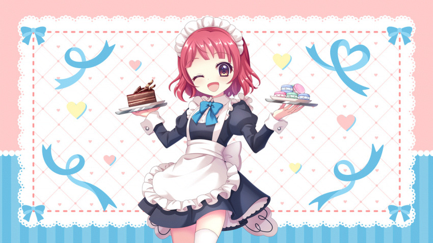 1girl ;d alternate_costume apron black_dress blue_bow blue_bowtie bow bowtie breasts brown_eyes cake chocolate_cake contrapposto cowboy_shot dot_nose dress enmaided film_grain food frilled_apron frills game_cg head_tilt heart holding holding_tray izumi_tsubasu long_sleeves looking_at_viewer macaron maid maid_apron maid_headdress non-web_source official_art one_eye_closed open_mouth re:stage! red_hair short_hair small_breasts smile solo sorano_neon thighhighs tray white_apron white_thighhighs zettai_ryouiki