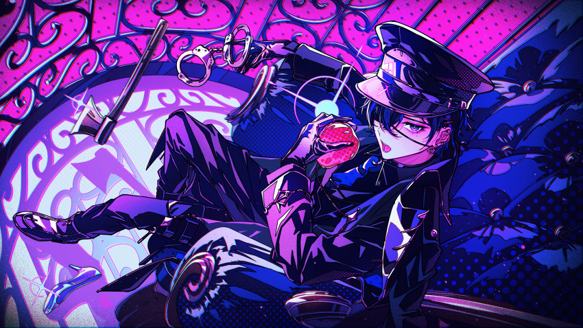 1boy absurdres apple axe black_boots black_coat black_gloves black_hair black_hat black_jacket black_pants black_shirt blue_necktie boots cage chair coat coat_on_shoulders collared_shirt cuffs earclip eyepatch food fruit gloves handcuffs hat highres holding holding_food holding_fruit in_cage jacket necktie on_chair open_mouth pants shirt short_hair sitting solo stpr_boys strawberry_prince tsukishiro_yashiro_(utaite) unworn_shoe utaite yudeazu_king