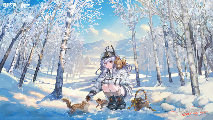 1girl absurdres alternate_costume black_boots blue_sky boots brown_socks chinese_commentary chinese_text closed_mouth cloud cloudy_sky copyright_name day forest goddess_of_victory:_nikke goggles goggles_on_head highres jacket long_hair long_sleeves mountainous_horizon nature official_art outdoors parka pine_tree pinecone second-party_source sky smile snow snow_white_(nikke) socks solo squatting squirrel tree watermark white_hair white_jacket yellow_eyes