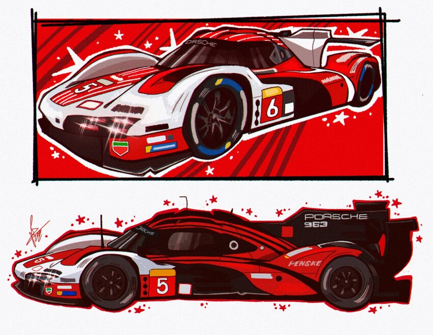 car commentary english_commentary glint highres le_mans_prototype motor_vehicle no_humans porsche porsche_963 race_vehicle racecar schumisnoopy signature spoiler_(automobile) star_(symbol) vehicle_focus vehicle_name world_endurance_championship