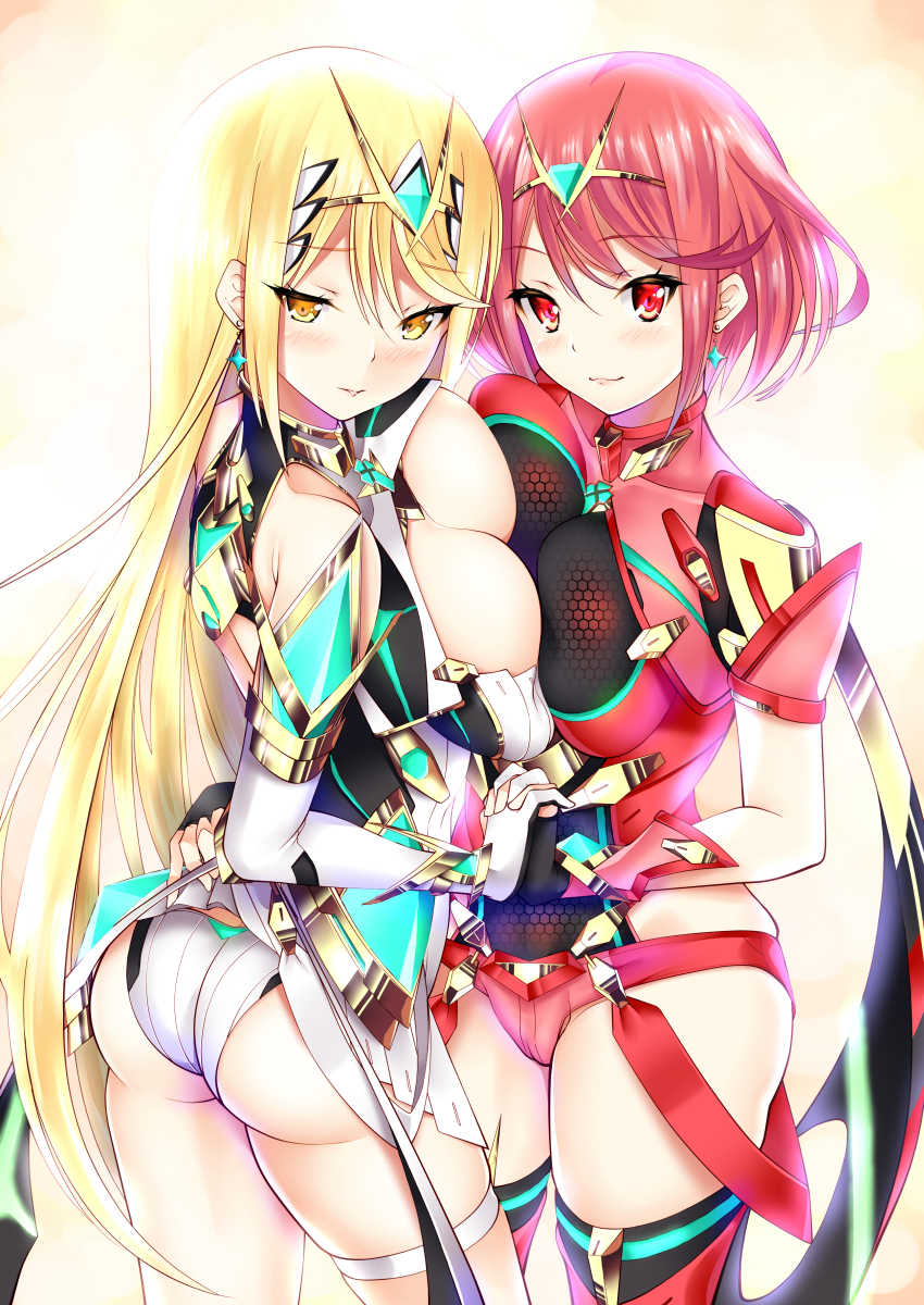 2girls absurdres arm_guards armor ass asymmetrical_docking backless_dress backless_outfit bare_legs bare_shoulders black_gloves blonde_hair breast_press breasts frilled_thigh_strap chest_jewel cleavage cleavage_cutout closed_mouth clothing_cutout daive dress dual_persona earrings elbow_gloves fingerless_gloves floating_earring gloves headpiece highres holding_hands impossible_clothes interlocked_fingers jewelry large_breasts leotard long_hair looking_at_viewer looking_back looking_to_the_side microdress multiple_girls mythra_(xenoblade) panties pyra_(xenoblade) red_eyes red_hair red_shorts short_hair short_shorts shorts shoulder_armor sideboob skindentation sleeveless sleeveless_dress standing thigh_strap thighhighs tiara underwear very_long_hair wedgie white_gloves xenoblade_chronicles_(series) xenoblade_chronicles_2 yellow_eyes
