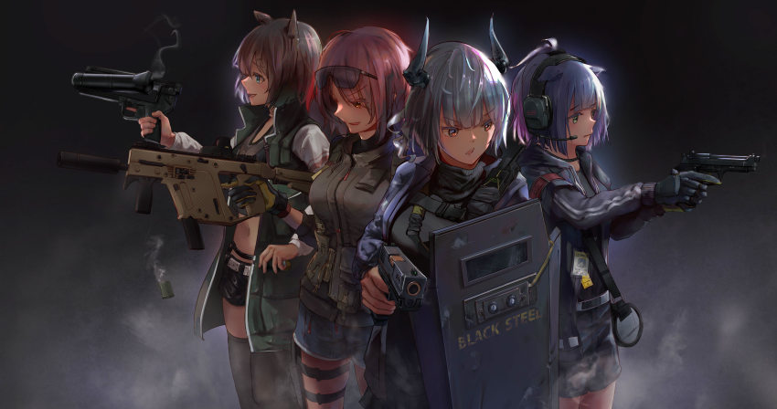 4girls absurdres animal_ears arknights ballistic_shield beretta_92 blue_eyes brown_hair cat_ears catapult_(arknights) commentary dazzler_(weapon) electroshock_weapon english_commentary exusiai_(arknights) exusiai_(wild_operation)_(arknights) finger_on_trigger flash_shield flashlight glock gloves goggles goggles_on_head grenade_launcher gun handgun headset highres holding holding_gun holding_weapon horns id_card jacket jessica_(arknights) kriss_usa kriss_vector less-than-lethal_weapon light liskarm_(arknights) magpul midriff multiple_girls official_alternate_costume orange_eyes purple_hair red_hair riot_shield shield short_shorts shorts silver_hair simple_background smoke stun_shield submachine_gun suppressor thighhighs track_jacket transformational_defense_industries trigger_discipline weapon xiao_po_qie