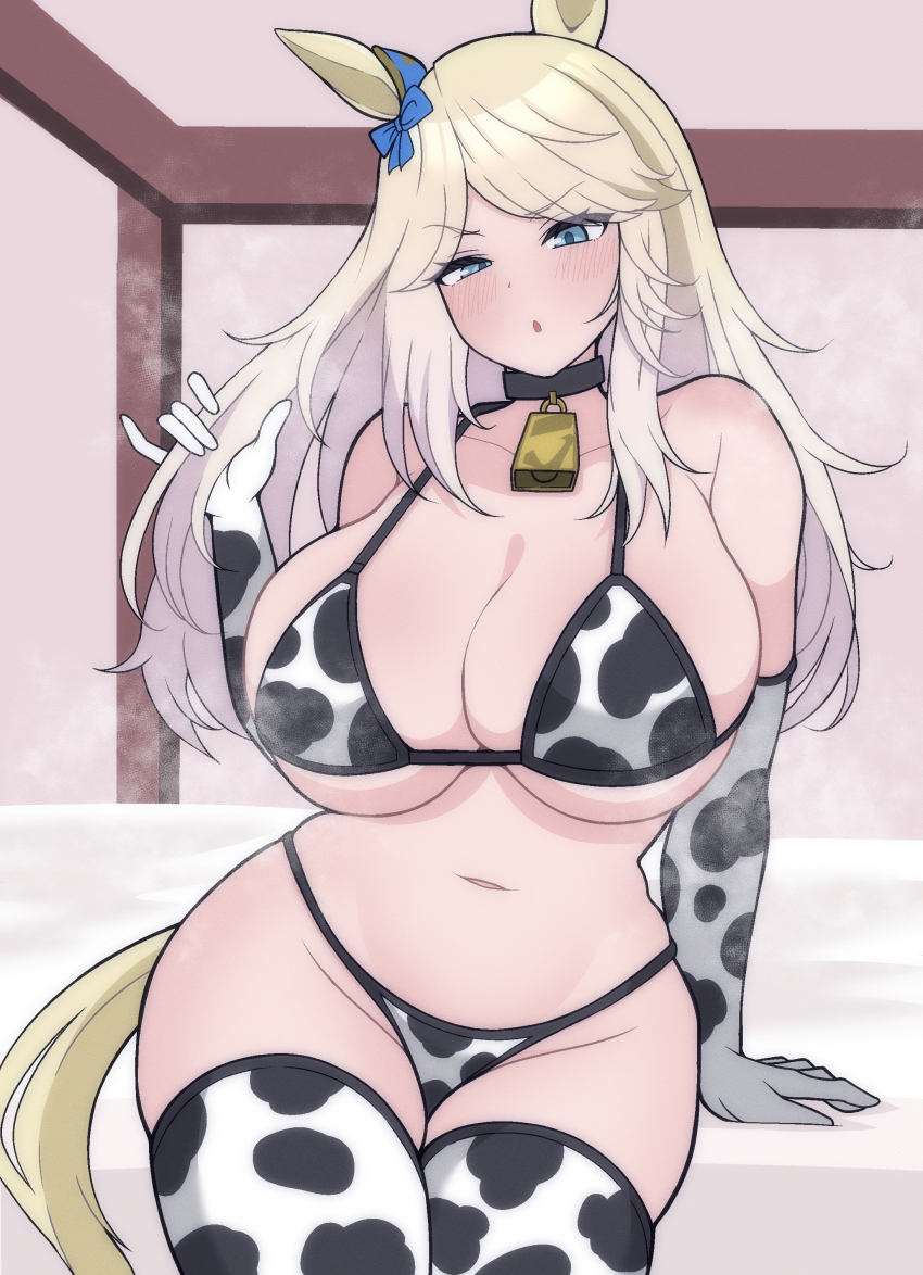 1girl absurdres animal_ears animal_print bell bikini blonde_hair blue_eyes blush breasts collar cow_print cow_print_bikini cow_print_gloves cow_print_thighhighs elbow_gloves gloves gold_city_(umamusume) highres horse_ears horse_girl horse_tail large_breasts long_hair navel neck_bell print_bikini print_gloves print_thighhighs puchimosu_(mosu1427) solo stomach swimsuit tail thighhighs umamusume
