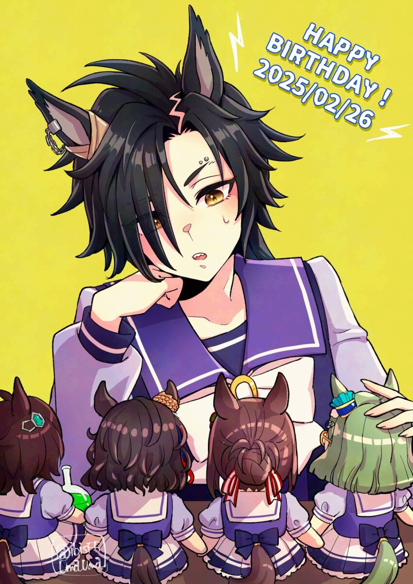 1girl agnes_tachyon_(umamusume) ahoge air_messiah_(umamusume) air_shakur_(umamusume) animal_ears back_bow black_hair bow brown_hair character_doll chemical_structure clothing_cutout commentary_request dated ear_ornament ear_piercing earrings eyebrow_piercing fine_motion_(umamusume) flask hair_bun happy_birthday head_rest hi_(ibisf5umauma) highres horse_ears horse_girl horse_tail horseshoe_ornament jewelry long_hair open_mouth piercing pleated_skirt puffy_short_sleeves puffy_sleeves purple_bow purple_serafuku purple_shirt round-bottom_flask sailor_collar school_uniform serafuku sharp_teeth shirt short_sleeves simple_background single_earring skirt solo_focus summer_uniform sweat tail tail_through_clothes tap_dance_city_(umamusume) teeth tracen_school_uniform twitter_username umamusume upper_body white_bow white_skirt winter_uniform yellow_background yellow_eyes