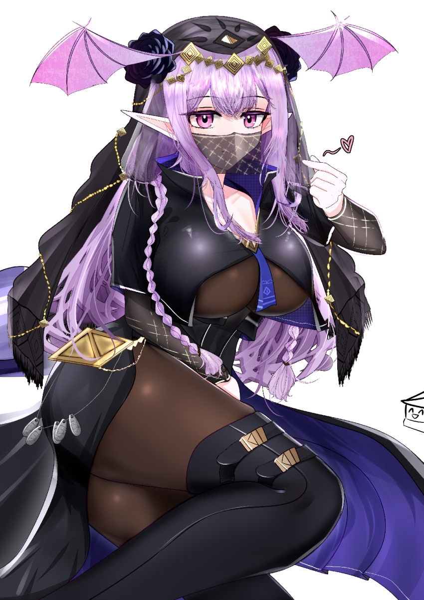 1girl arknights ass black_flower black_headscarf black_rose black_thighhighs bodystocking braid breasts brown_pantyhose chinese_commentary commentary covered_mouth feet_out_of_frame finger_heart flower hair_flower hair_ornament hand_up head_wings headscarf heart high_collar highres jaggy_lines large_breasts long_hair long_sleeves looking_at_viewer lying manticore_(arknights) manticore_(under_a_veil)_(arknights) mouth_veil official_alternate_costume on_side pantyhose pointy_ears purple_eyes purple_hair rose see-through_clothes sidelocks simple_background solo thighhighs thighhighs_over_pantyhose veil white_background wings xiwang_ni_kaixin_de_suo_suo_zi