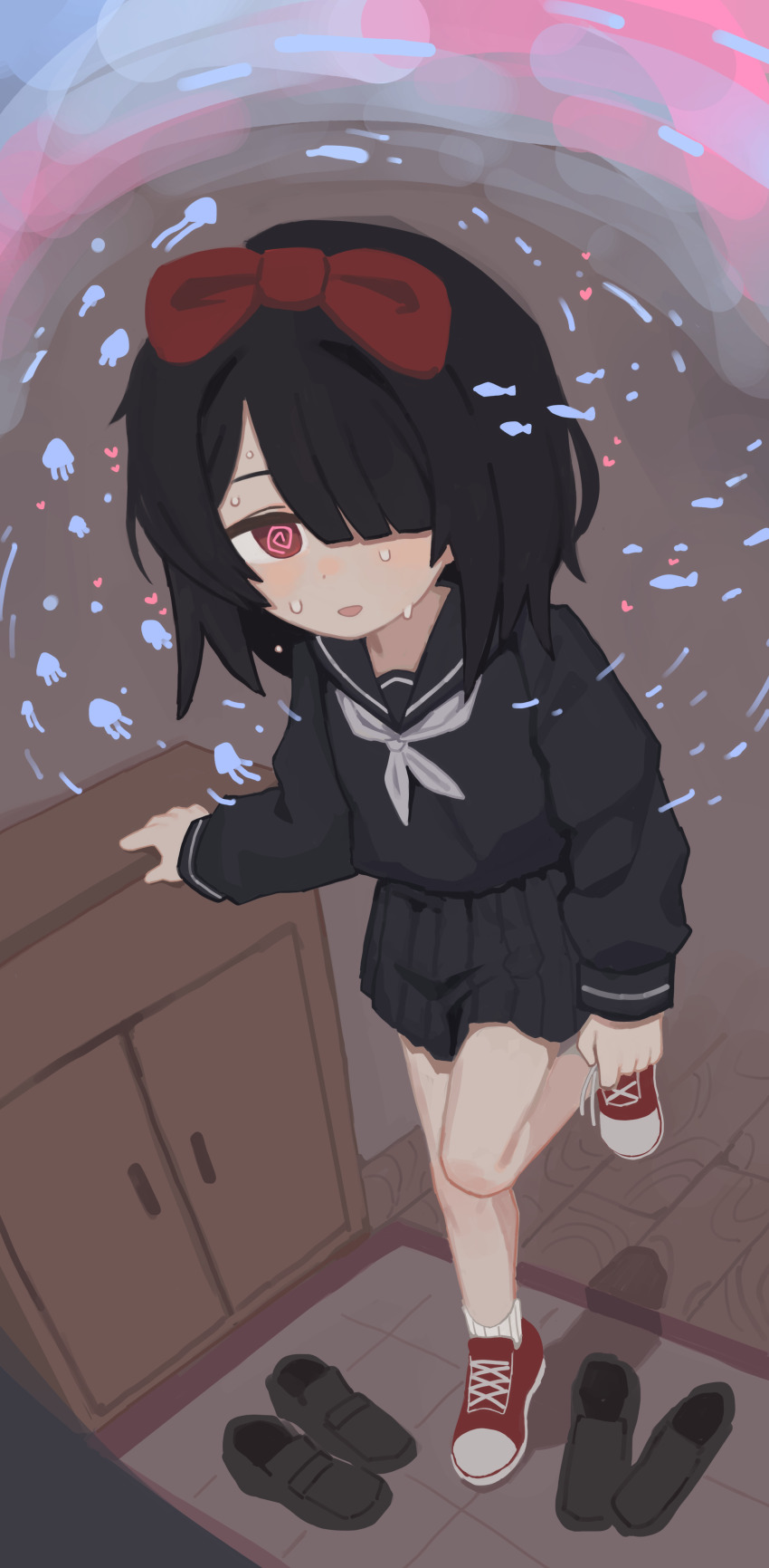 1girl @_@ absurdres black_hair black_sailor_collar black_serafuku black_shirt black_shoes black_skirt blush bow grey_neckerchief hair_bow hair_over_one_eye highres indoors lakilolom loafers long_sleeves looking_at_viewer neckerchief open_mouth original pleated_skirt puffy_long_sleeves puffy_sleeves red_bow red_eyes red_shoes ribbed_socks sailor_collar school_uniform serafuku shirt shoes skirt sleeves_past_wrists socks solo standing standing_on_one_leg sweat white_socks