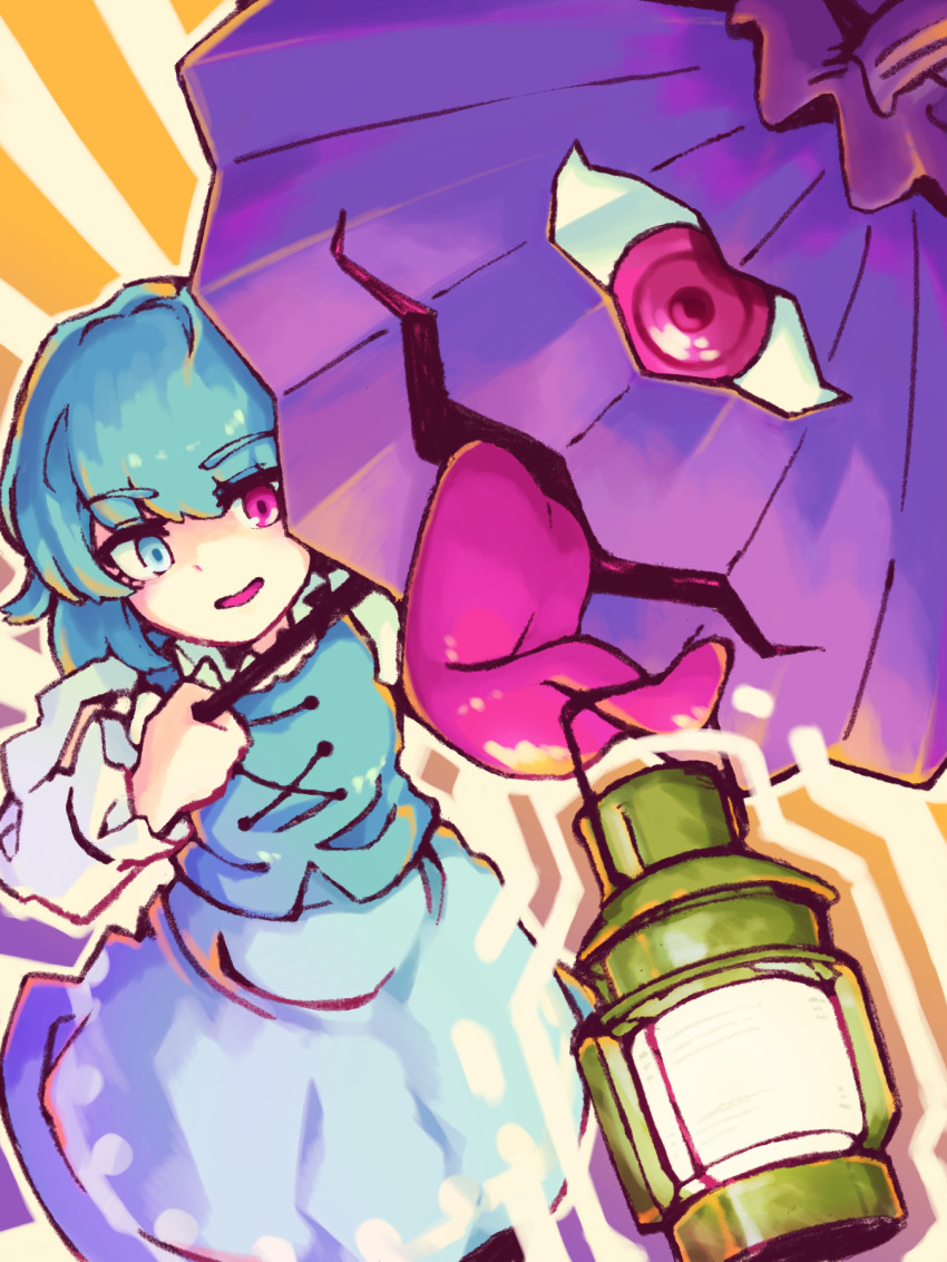 1girl blue_eyes blue_hair blue_skirt blue_vest commentary_request heterochromia highres holding holding_umbrella karakasa_obake lantern long_sleeves open_mouth purple_umbrella red_eyes shirt skirt tatara_kogasa tongue tongue_hold touhou umbrella vest wasabisuke white_shirt