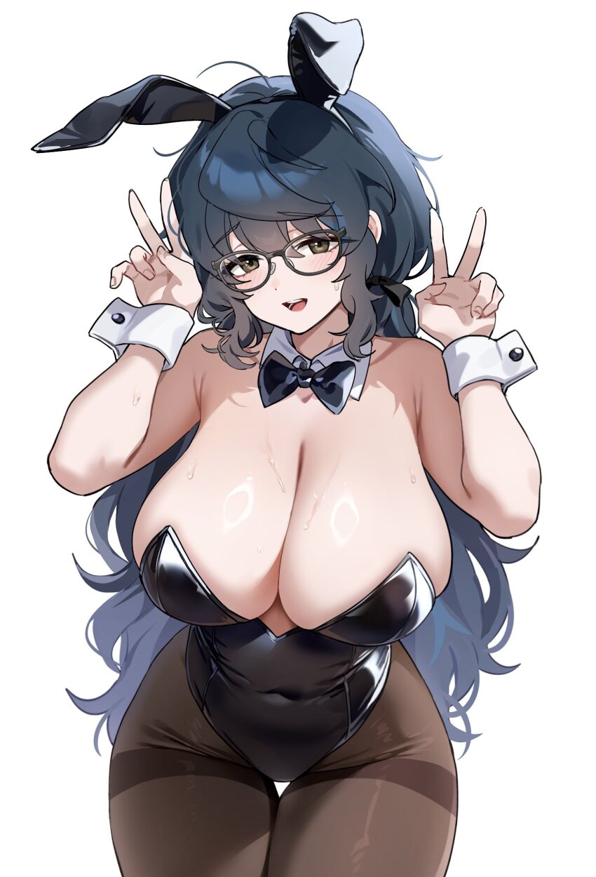 1girl animal_ears aoba_tsumugi bare_shoulders black-framed_eyewear black_bow black_bowtie black_hair black_leotard blue_hair blush bow bowtie breasts brown_eyes brown_pantyhose cleavage covered_navel cowboy_shot detached_collar double_v ensemble_stars! fake_animal_ears genderswap genderswap_(mtf) glasses hands_up highleg highleg_leotard highres huge_breasts large_breasts leotard long_hair looking_at_viewer multicolored_hair open_mouth pantyhose playboy_bunny plump rabbit_ears simple_background smile solo strapless strapless_leotard streaked_hair sweat thigh_gap thighband_pantyhose tsmkwa v very_long_hair white_background wrist_cuffs