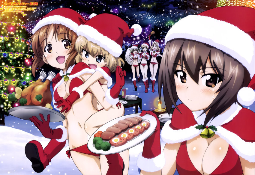 10s 6+girls :d absurdres anchovy_(girls_und_panzer) bell bikini blonde_hair blue_eyes blush boots breasts broccoli brown_eyes brown_hair candle capelet censored christmas christmas_lights christmas_ornaments christmas_tree cleavage darjeeling_(girls_und_panzer) fang food fuchigami_mai fur_boots fur_trim girls_und_panzer gloves hat highres kanemoto_hisako katyusha_(girls_und_panzer) kawasumi_ayako kay_(girls_und_panzer) kitamura_eri knee_boots medium_breasts multiple_girls navel nishizumi_maho nishizumi_miho official_art open_mouth panzercrab plate red_footwear santa_bikini santa_boots santa_costume santa_hat sex side-tie_bikini_bottom small_breasts smile snow snowing sugimoto_isao swimsuit table tanaka_rie thighs tray turkey_(food) voice_actor_connection yoshioka_maya yuri