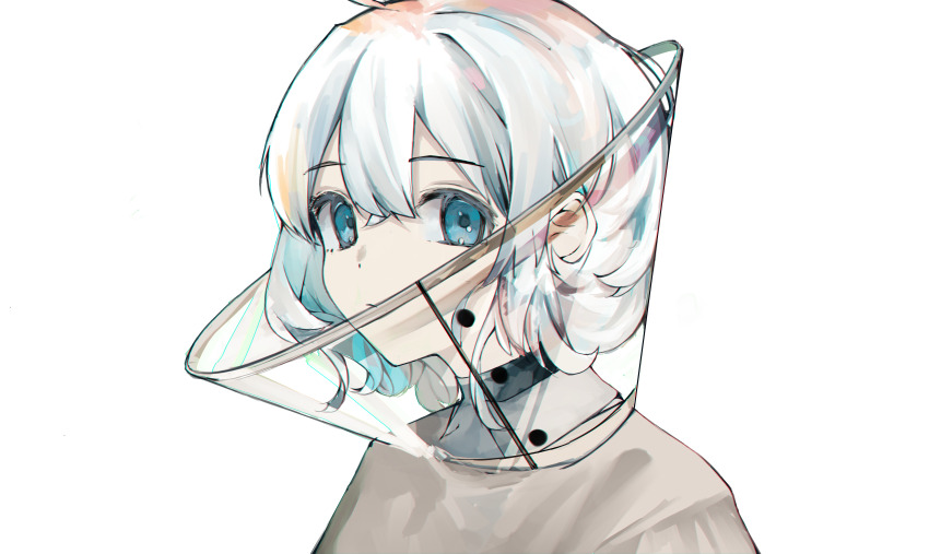 1girl absurdres ahoge aqua_eyes double-parted_bangs expressionless grey_hair grey_shirt hair_between_eyes highres looking_at_viewer maegami_(daisuki_oekaki1) original pet_cone portrait shirt short_hair simple_background solo white_background