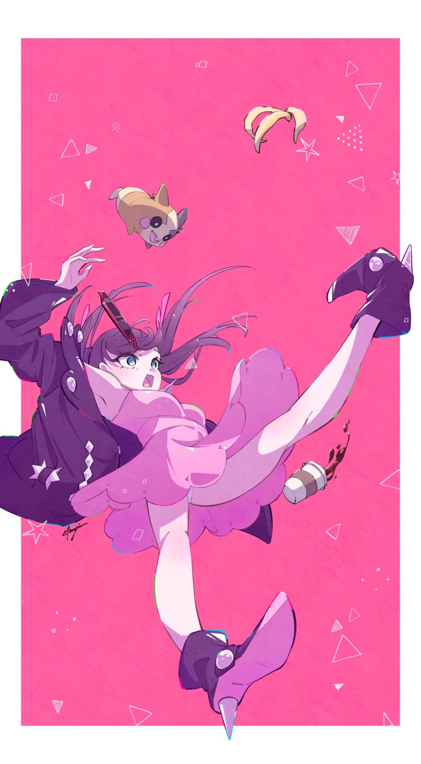 1girl armpits banana_peel bare_legs black_jacket boots border breasts cup disposable_coffee_cup disposable_cup dress falling floating_hair full_body gen_4_pokemon gen_8_pokemon green_eyes highres jacket marie_(pixiv59672544) marnie_(pokemon) morpeko morpeko_(full) nintendo open_mouth panties pantyshot pink_dress pokemon pokemon_(creature) pokemon_swsh rotom rotom_phone slipping small_breasts twintails underwear white_border