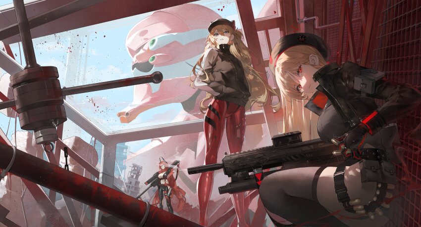 3girls absurdres arm_pouch assault_rifle belt_pouch beret black_jacket black_shirt blue_eyes bodysuit breasts brown_hair brown_jacket building buri_(retty9349) coat commentary cropped_jacket crossover curvy day english_commentary eva_02 evangelion_(mecha) explosive goddess_of_victory:_nikke grenade grenade_launcher gun hands_in_pockets hat highres hip_vent holding holding_gun holding_weapon horns jacket large_breasts leather leather_jacket leather_pants long_hair looking_at_viewer mecha mecha_pilot_suit multiple_girls necktie neon_genesis_evangelion orange_hair pants plugsuit_(evangelion) pouch railing rapi_(nikke) red_bodysuit red_coat red_eyes red_hood_(nikke) red_necktie red_scarf rifle robot scarf shirt sky sniper_rifle souryuu_asuka_langley squatting standing thighhighs thighs track_jacket two-tone_gloves underbarrel_grenade_launcher weapon wide_hips