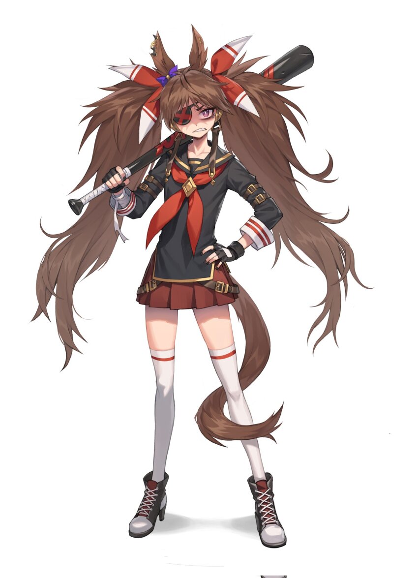 1girl animal_ears arm_belt baseball_bat baseball_cap black_sailor_collar black_shirt black_shoes bow bright_pupils clenched_teeth collarbone commentary_request concept_art corrupted_twitter_file dream_journey_(racehorse) ear_bow eyepatch fingerless_gloves fukuro_(maruaru00) full_body genderswap genderswap_(mtf) gloves hair_bow hand_on_own_hip hat high_heel_sneakers highres holding holding_baseball_bat horse_ears horse_girl horse_tail long_hair long_sleeves looking_at_viewer messy_hair miniskirt neckerchief original personification purple_bow purple_eyes red_bow red_neckerchief red_skirt sailor_collar sailor_shirt shirt shoes skirt sneakers solo standing tachi-e tail tail_around_own_leg teeth thighhighs twintails umamusume very_long_hair white_thighhighs