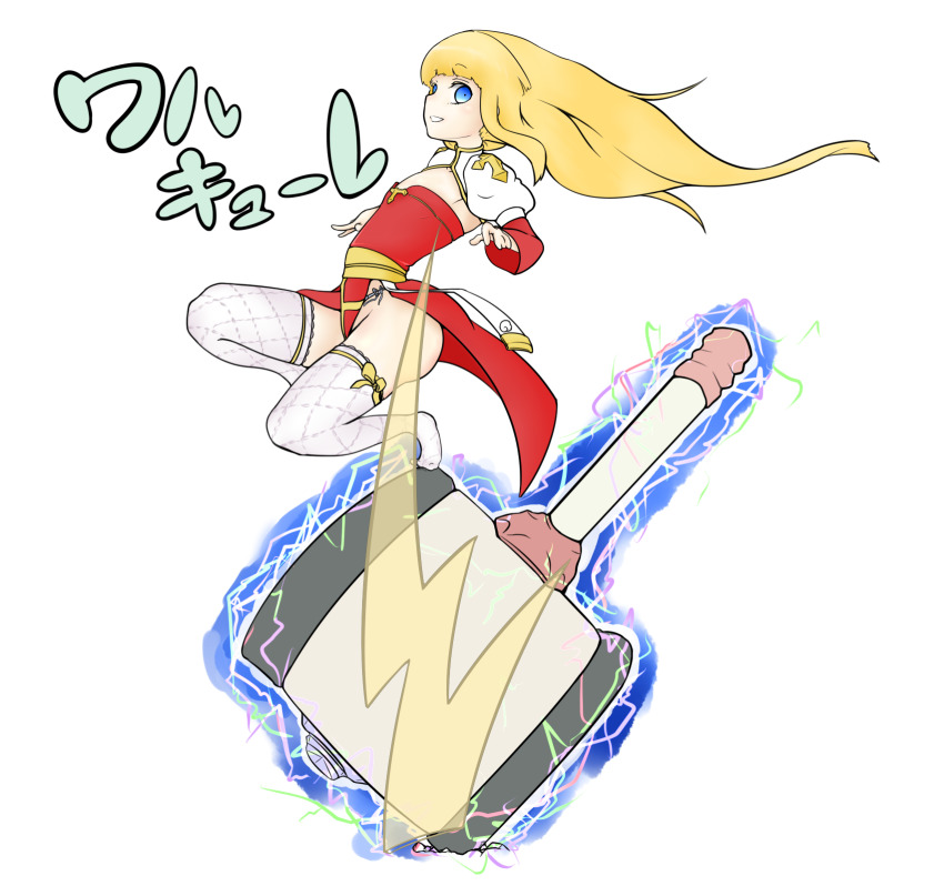 1girl arch_bishop_(ragnarok_online) blonde_hair blue_eyes cleavage_cutout clothing_cutout commentary_request cross dress electricity fishnet_thighhighs fishnets flat_chest frilled_thighhighs frills full_body grin hammer highres juliet_sleeves long_hair long_sleeves looking_at_viewer mjolnir_(mythology) no_shoes panties panty_peek puffy_sleeves ragnarok_iris ragnarok_online red_dress sash simple_background smile solo thighhighs translation_request two-tone_dress underwear white_background white_dress white_panties white_thighhighs yellow_sash