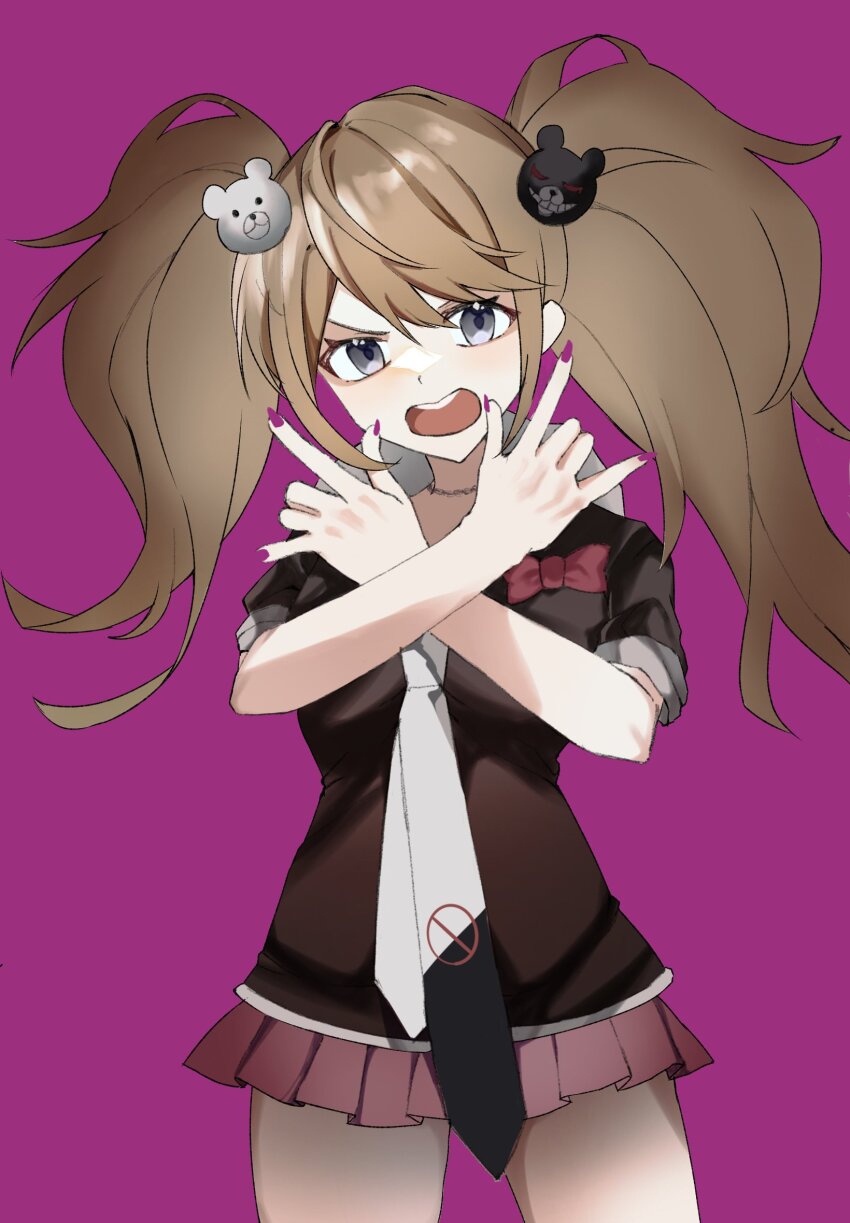 1girl a-ru_(r_dngn) black_necktie black_shirt blonde_hair bow breasts cowboy_shot d: danganronpa:_trigger_happy_havoc danganronpa_(series) enoshima_junko hands_up highres large_breasts miniskirt nail_polish necktie open_mouth pink_background pleated_skirt red_bow red_nails red_skirt shirt simple_background skirt solo teeth twintails upper_teeth_only white_necktie