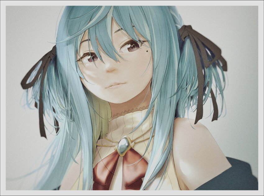 1girl akinosub black_ribbon blue_brooch blue_hair border bow bowtie commentary grey_background hair_between_eyes hair_ribbon highres lips long_bangs long_hair looking_at_viewer mole mole_under_eye nanashi_inc. orange_bow orange_bowtie parted_lips ribbon shirt solo striped_clothes striped_shirt suzumi_nemo suzumi_nemo_(1st_costume) two_side_up upper_body vertical-striped_clothes vertical-striped_shirt virtual_youtuber white_border white_shirt