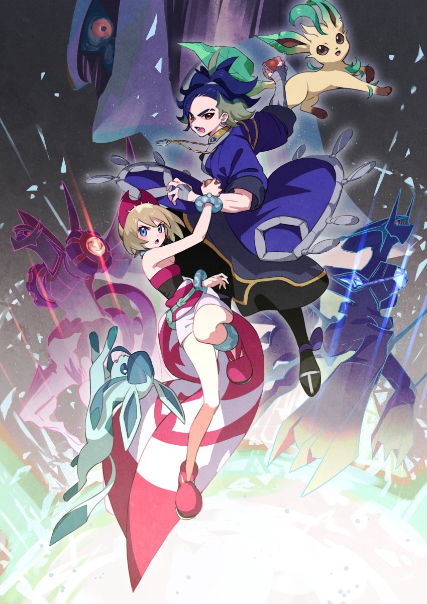 1boy 1girl absurdres adaman_(pokemon) arceus black_footwear blonde_hair blue_eyes blue_hair blue_jacket boots bracelet brown_eyes creatures_(company) dialga dress eyebrow_cut game_freak gen_4_pokemon glaceon highres holding holding_poke_ball irida_(pokemon) jacket jewelry leafeon legendary_pokemon looking_at_viewer looking_up mythical_pokemon nemoto_yuuma nintendo obi open_mouth palkia pink_boots pink_dress poke_ball pokemon pokemon_(creature) pokemon_legends:_arceus ponytail red_eyes sash short_hair tail v-shaped_eyebrows