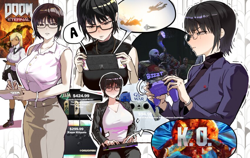 3girls 6+boys absurdres afterimage arcade_stick bag bald bare_arms beard black-framed_eyewear black_eyes black_hair black_jacket black_necktie black_pants black_shoes black_skirt black_socks black_sweater blonde_hair blowing_horn blush bracelet breast_pocket breasts closed_mouth collared_shirt commentary controller copyright_name cover cowboy_shot dark-skinned_female dark_skin dollar_sign doom_(series) doom_eternal doomguy dress_shirt dualsense english_commentary facial_hair fatal_fury full_body game_controller game_screenshot_inset glasses god_of_war god_of_war_ragnarok grey_skirt gyaru handheld_game_console highres hildisvini_(god_of_war) holding holding_controller holding_game_controller holding_handheld_game_console holding_phone jacket jewelry joy-con joystick k.o. kratos_(god_of_war) lapel_pin large_breasts leverless_arcade_stick link looking_at_another mole mole_on_neck motion_lines multiple_boys multiple_girls multiple_views necktie necktie_over_shoulder nintendo nintendo_switch office_lady omega_symbol open_clothes open_jacket orange_eyes original pants park_ongjol parted_lips phone playing_games playstation_controller playstation_logo pocket price princess_zelda product_placement purple_jacket razer rock_fan_gyaru_(park_ongjol) school_bag school_uniform shirt shirt_tucked_in shoes short_hair shoulder_bag sitting skirt sleeveless sleeveless_shirt sleeveless_sweater socks street_fighter street_fighter_6 suit_jacket sweater tearing_up terry_bogard the_legend_of_zelda the_legend_of_zelda:_tears_of_the_kingdom trembling v-neck video_game_cover video_game_office_lady_(park_ongjol) white_shirt zangief
