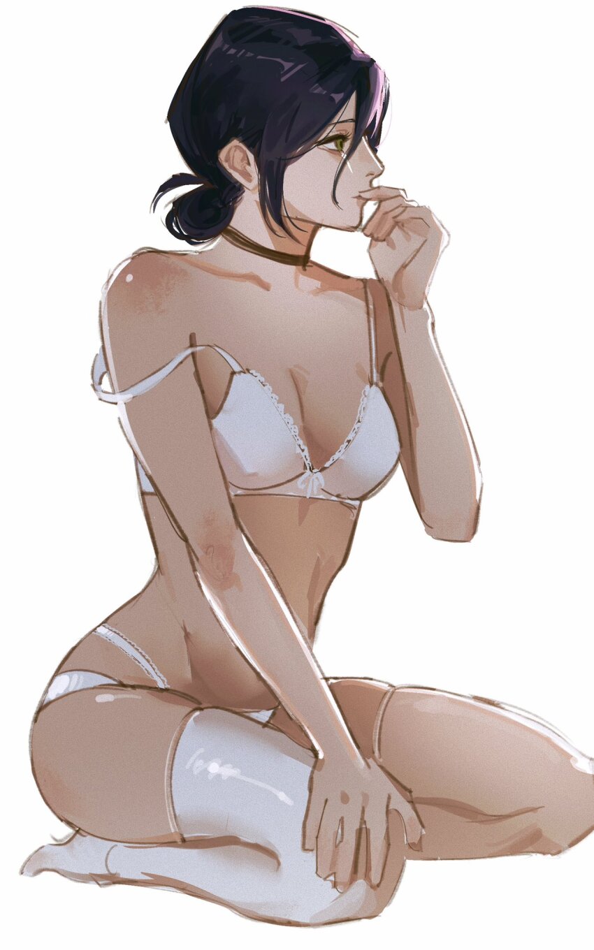 1girl black_choker black_hair bra breasts chainsaw_man choker commentary english_commentary green_eyes hand_up highres panties reze_(chainsaw_man) seiza simple_background sitting small_breasts solo strap_slip sudstance thighhighs underwear white_background white_bra white_panties white_thighhighs