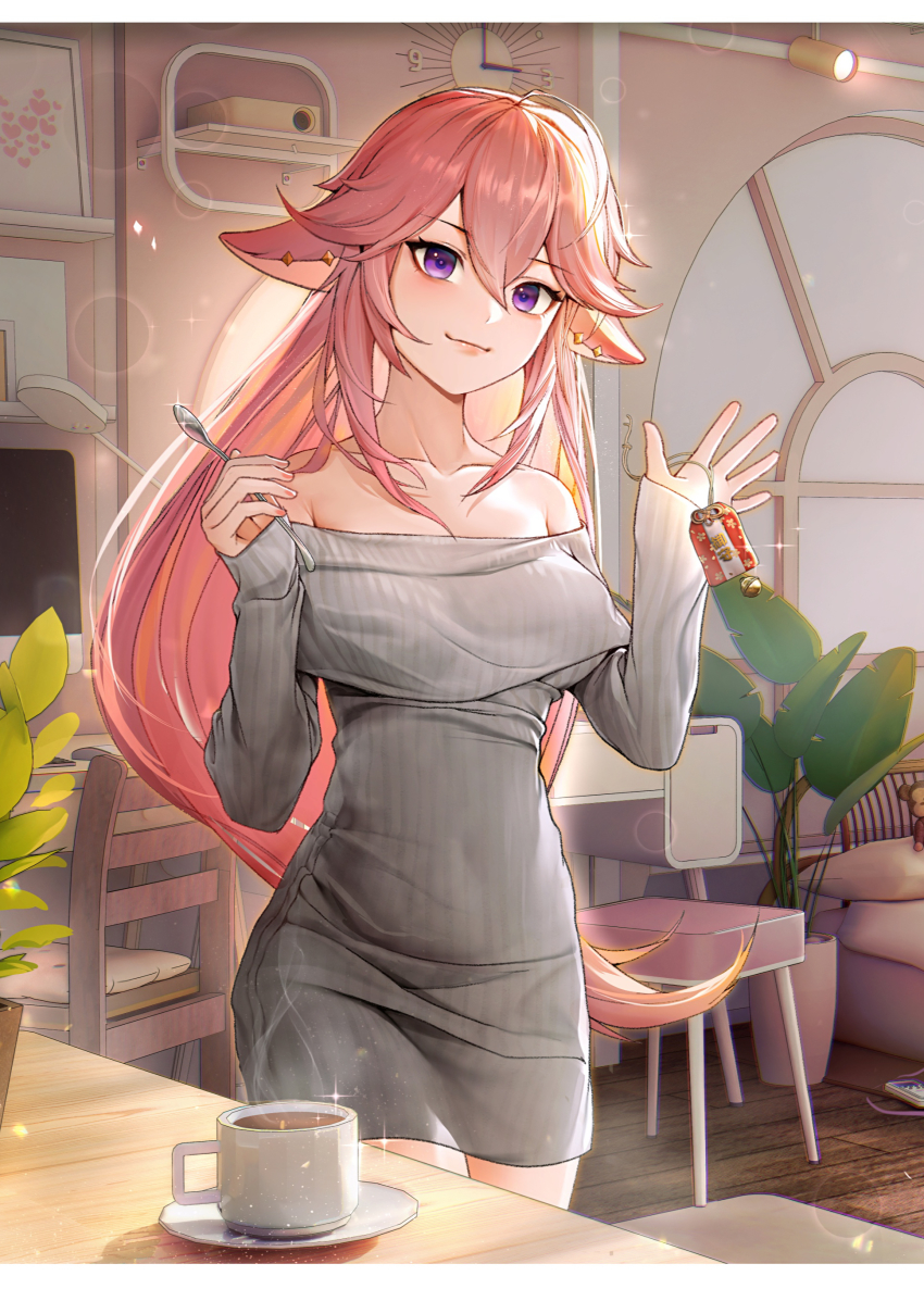 1girl absurdres alternate_costume animal_ears bare_shoulders chair collarbone commentary_request cowboy_shot cup dress fox_ears genshin_impact grey_dress grey_sweater hair_between_eyes hands_up highres holding holding_spoon indoors long_hair long_sleeves looking_at_viewer maoy123 mug off-shoulder_dress off-shoulder_sweater off_shoulder pink_hair plant potted_plant purple_eyes short_dress sleeves_past_wrists smile solo spoon standing sweater sweater_dress very_long_hair yae_miko