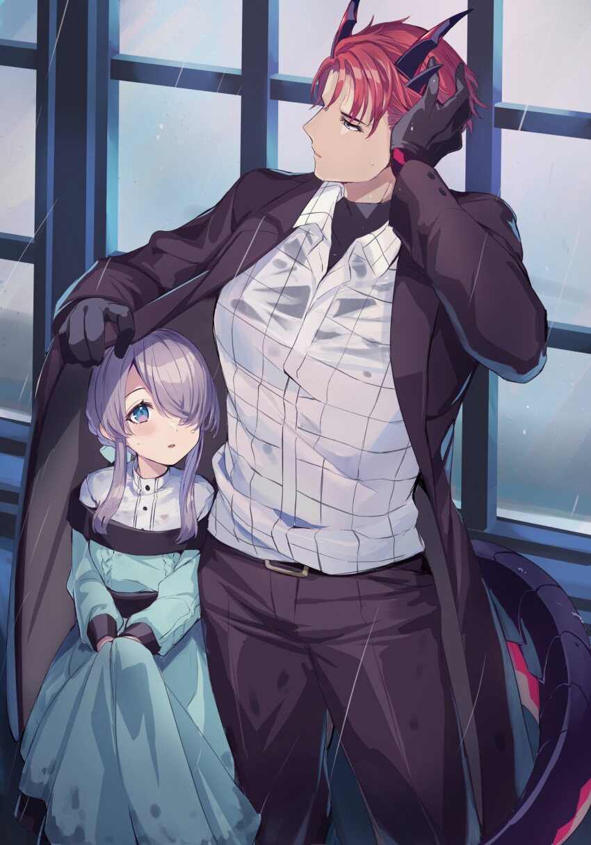 1boy 1girl aoto_neko aqua_dress blush braid coat dragon_boy dragon_tail dress dress_shirt gloves hair_over_one_eye half_gloves hand_on_own_head hetero highres horns long_sleeves open_clothes open_coat original pants purple_eyes purple_hair rain red_hair shared_clothes shared_coat shirt sidelocks standing tail wet wet_clothes wet_shirt window