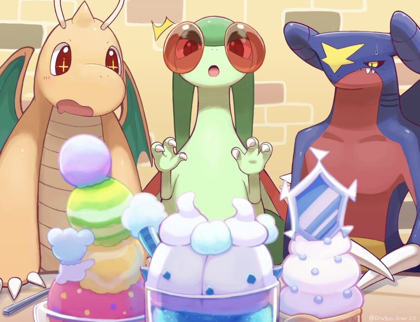 antennae black_sclera brown_eyes claws colored_sclera cryogonal cubchoo dragon dragon_star213 dragonite drooling flygon food garchomp gen_1_pokemon gen_3_pokemon gen_4_pokemon gen_5_pokemon highres horns ice_cream nintendo pokemon pokemon_(creature) sharp_teeth single_horn sweat teeth twitter_username vanillish wings yellow_eyes