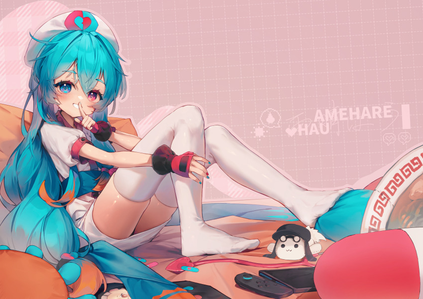 1girl absurdres amehare_hau ap04astral blue_eyes blue_nails character_name commentary_request finger_to_mouth full_body handheld_game_console hat heterochromia highres long_hair looking_at_viewer miniskirt multicolored_nails nail_polish nintendo_switch no_shoes puffy_short_sleeves puffy_sleeves red_eyes red_nails shirt short_sleeves shushing sitting skirt smile solo thighhighs very_long_hair voicevox white_shirt white_skirt white_thighhighs