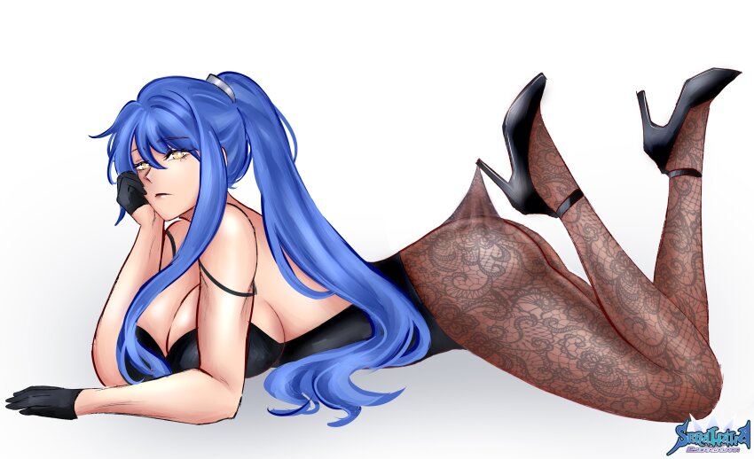 absurdres arched_back artist_logo black_gloves black_leotard black_pantyhose black_shoes blue_hair breasts cleavage closed_mouth commentary commission eiyuu_densetsu english_commentary english_text feet_up floral_print_pantyhose from_side gloves hair_between_eyes high-waist_pantyhose high_heels highleg highleg_leotard highres hooked_on_heel lace lace_pantyhose lace_pantyhose_hooked_on_heel_(meme) large_breasts laura_s._arseid leotard logo long_hair long_single_sidelock looking_at_viewer lying meme on_stomach pantyhose pantyhose_tug parted_bangs ponytail sen_no_kiseki_(series) seralalaaa shoes simple_background single_sidelock stiletto_heels white_background yellow_eyes