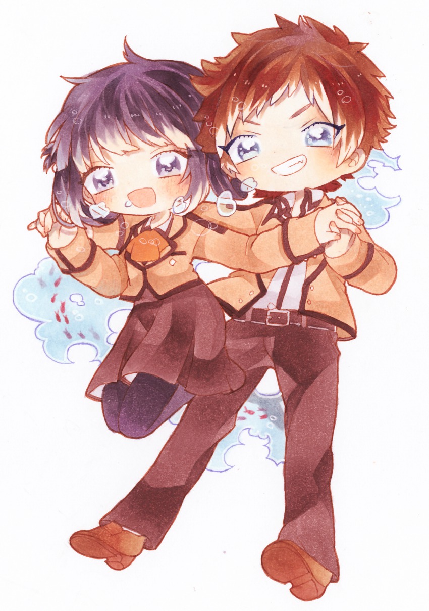10s 1boy 1girl black_hair blue_eyes brown_hair chibi folded_hair hair_rings highres long_hair miko_(hikarinosizuku) nagi_no_asukara pantyhose sakishima_hikari school_uniform shiodome_miuna simple_background twintails