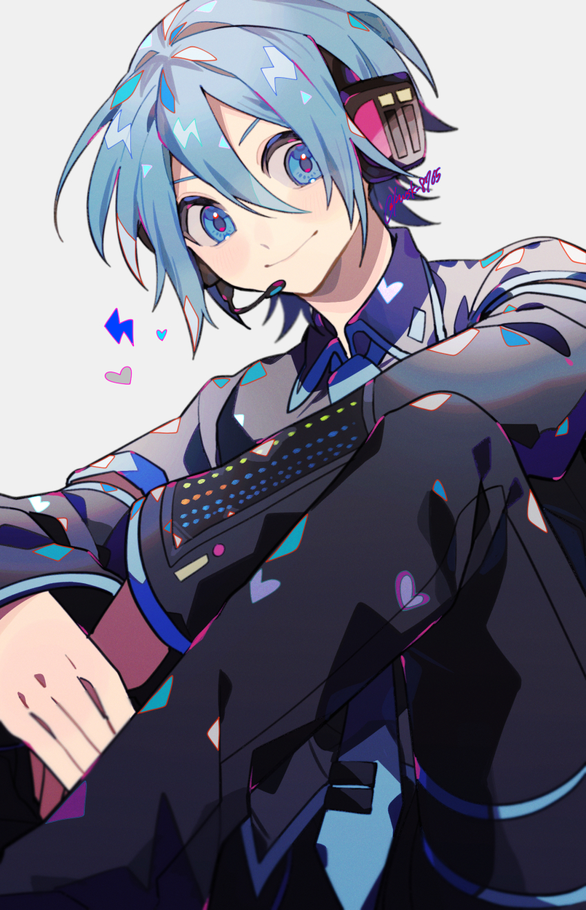 1boy aqua_eyes aqua_hair aqua_necktie aqua_trim black_headphones closed_mouth collared_shirt commentary detached_sleeves genderswap genderswap_(ftm) grey_shirt hair_between_eyes happy hatsune_mikuo headphones headset heart highres kawasaki_(kwsk_8765) knees_up light_blush long_sleeves looking_at_viewer male_focus necktie pants shirt short_hair sitting smile solo twitter_username vocaloid white_background