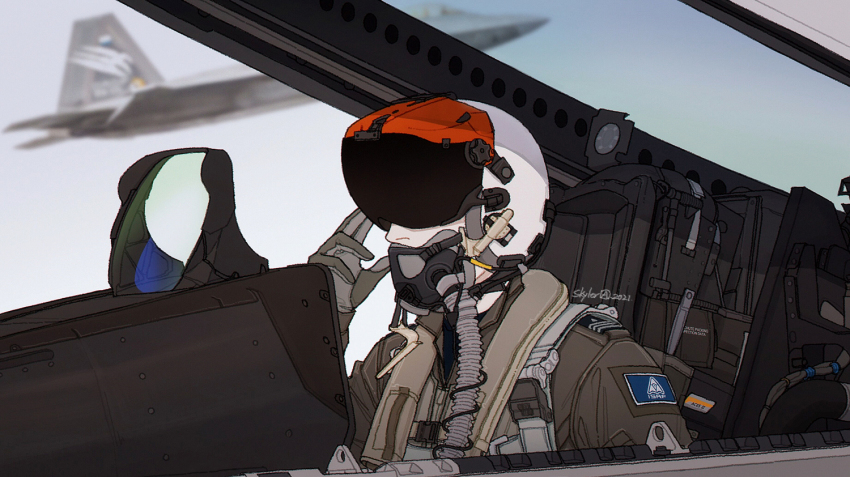 1boy ace_combat aircraft airplane canopy cockpit ejection_seat f-22 f-22_raptor fighter_jet gloves harness helmet insignia isaf military military_vehicle mobius_1 oxygen_mask pilot pilot_helmet pilot_suit signature skyleranderton trigger_(ace_combat)
