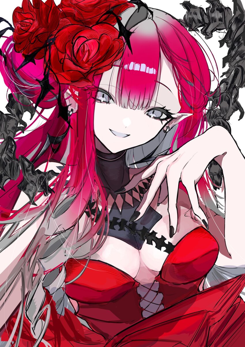 1girl baobhan_sith_(fate) baobhan_sith_(fgo_fes._2025)_(fate) breasts dress fate/grand_order fate_(series) flower grey_eyes hair_bun hair_flower hair_ornament hand_up highres long_hair looking_at_viewer pink_hair pointy_ears red_dress red_flower smile solo tiritumo_21