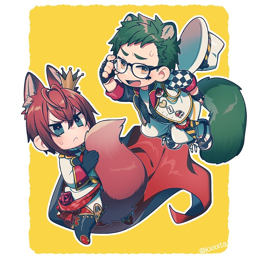2boys animal_ears black_gloves brown_eyes chibi chibi_only closed_mouth club_(shape) club_facial_mark crown facial_mark fingerless_gloves frown glasses gloves green_hair hat holding_own_tail jacket kemonomimi_mode kiri_futoshi long_sleeves looking_at_viewer male_focus multiple_boys open_mouth pants raccoon_ears raccoon_tail red_hair riddle_rosehearts short_hair sweatdrop tail trey_clover twisted_wonderland white_hat white_jacket white_pants