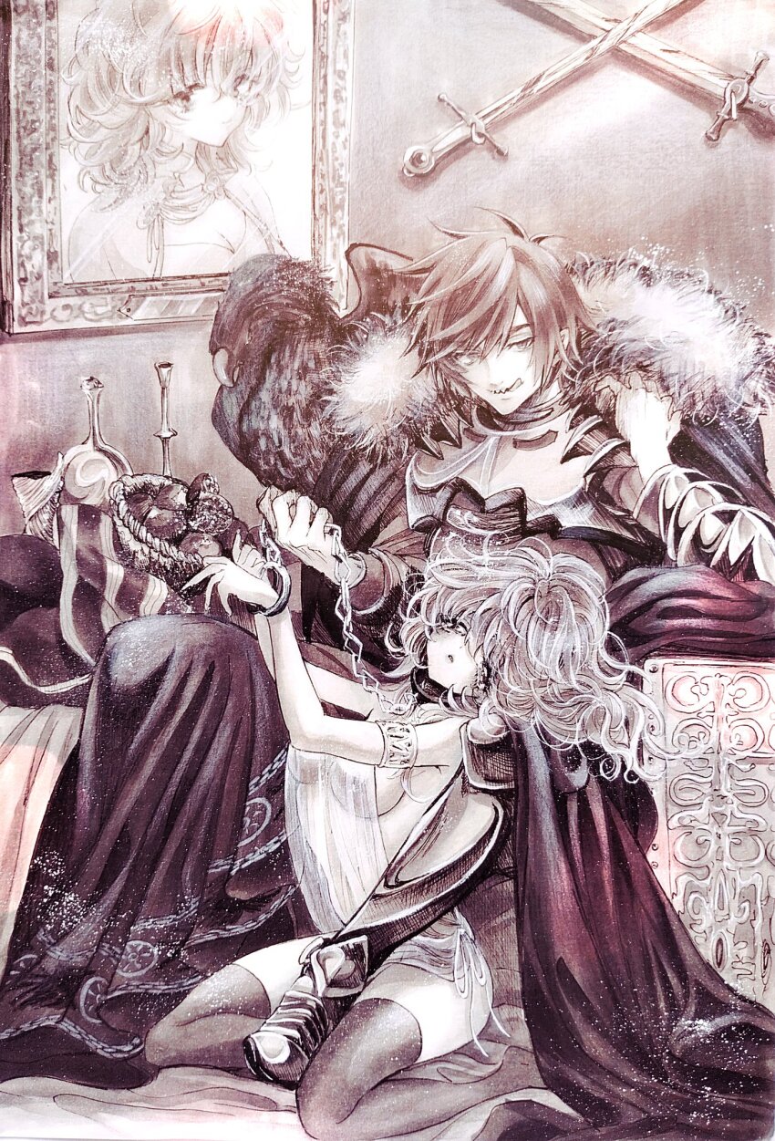 1boy 1girl armor aya1039_ aya_carmine boots breasts cape chain chain_leash collar commentary_request fur_trim greyscale highres leash licking_lips medium_breasts medium_hair metal_collar millipen_(medium) monochrome painting_(object) pen_(medium) rance rance_(series) see-through_clothes sharp_teeth sill_plain sitting slave smile sword teeth thighhighs tongue tongue_out traditional_media weapon