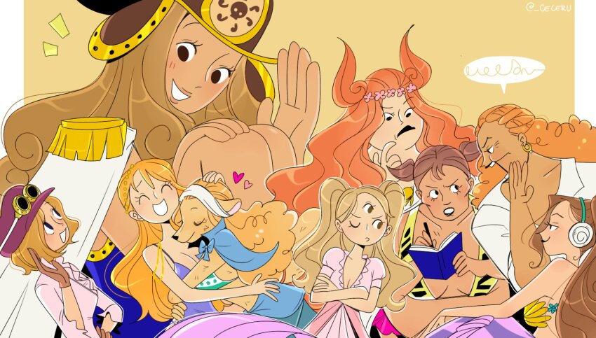 6+girls ^_^ aphelandra bikini bikini_top_only blue_capelet boa_marigold book brown_gloves cape capelet cesel charlotte_pudding closed_eyes curly_dadan dress earrings epaulettes gloves goggles goggles_on_headwear heart helmet highres holding holding_book hug jewelry koala_(one_piece) long_hair mermaid monster_girl multiple_girls nami_(one_piece) nami_(one_piece)_(zou) notice_lines one_eye_closed one_piece orange_hair purple_dress salute seira_(one_piece) short_hair size_difference swimsuit twintails twitter_username wanda_(one_piece) wavy_hair white_cape