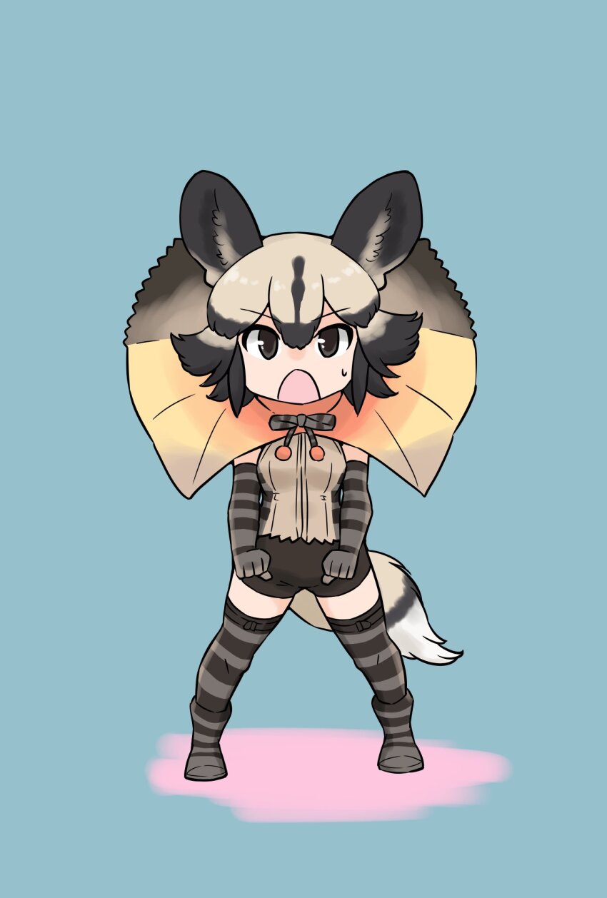 1girl african_wild_dog_(kemono_friends) animal_ears bare_shoulders black_shorts blonde_hair blush bow bowtie brown_cape brown_eyes brown_gloves brown_hair brown_shirt brown_thighhighs cape dog_ears dog_tail elbow_gloves frilled_lizard_(kemono_friends)_(kemono_friends) gloves gravi_pig4891 hair_between_eyes highres kemono_friends looking_at_viewer multicolored_hair open_mouth orange_cape shirt short_hair short_shorts shorts sidelocks solo striped_clothes striped_gloves striped_thighhighs sweatdrop tail thighhighs two-tone_cape