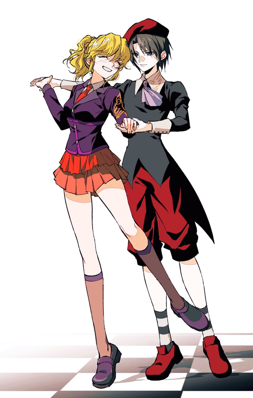 1boy 1girl ako_(eanaaati1) ascot beret black_hair blazer blonde_hair blue_eyes blush breasts checkered_floor closed_eyes collared_shirt dancing full_body grin hair_between_eyes hat high_ponytail highres holding_hands jacket kanon_(umineko) kneehighs layered_skirt light_smile long_bangs long_sleeves looking_at_another medium_breasts miniskirt necktie pants parted_bangs ponytail puffy_long_sleeves puffy_sleeves purple_ascot purple_footwear purple_jacket red_footwear red_hat red_necktie red_pants red_skirt shirt short_hair sidelocks simple_background skirt smile socks striped_clothes striped_socks umineko_no_naku_koro_ni ushiromiya_jessica wavy_hair white_background white_shirt