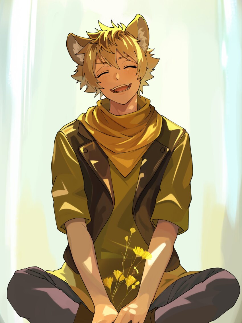 1boy absurdres animal_ear_fluff animal_ears bandana bandana_around_neck black_pants black_vest blonde_hair closed_eyes commentary_request double-parted_bangs fangs feet_out_of_frame hair_between_eyes highres hyena_boy hyena_ears indian_style lapels male_focus notched_lapels open_mouth pants roku_maruru ruggie_bucchi shirt short_hair sitting smile solo teeth tongue twisted_wonderland upper_teeth_only vest yellow_bandana yellow_shirt