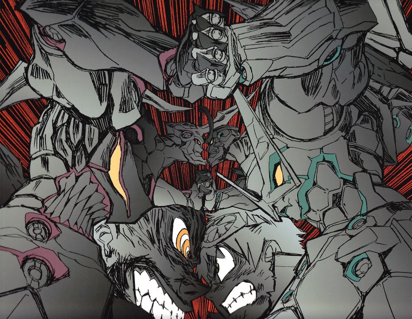 00s 2boys battle clenched_teeth face-to-face gurren-lagann imaishi_hiroyuki lazengann lordgenome mecha multiple_boys official_art robot simon_(ttgl) teeth tengen_toppa_gurren_lagann