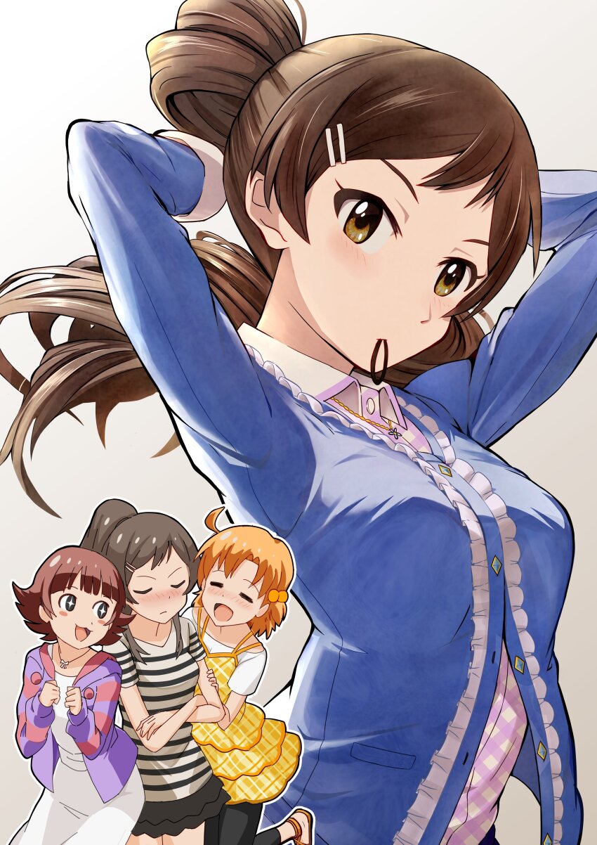 3girls :3 absurdres ahoge arms_up beads birthday black_pantyhose blue_jacket blunt_bangs blush blush_stickers breasts brown_eyes brown_hair clenched_hands closed_eyes closed_mouth commentary_request cowboy_shot crossed_arms dot_nose dress gradient_background grey_background hair_beads hair_ornament hairband hairclip hand_on_another&#039;s_arm hands_up high_ponytail highres holding holding_hairband idolmaster idolmaster_million_live! idolmaster_million_live!_theater_days jacket jewelry kitazawa_shiho layered_dress long_hair long_sleeves looking_at_another looking_at_viewer looking_to_the_side medium_breasts medium_hair mouth_hold multicolored_shirt multiple_girls multiple_views necklace noborinosato nonohara_akane official_alternate_costume official_alternate_hairstyle open_clothes open_jacket open_mouth orange_hair pantyhose pink_shirt pink_undershirt ponytail private_dress_(idolmaster_million_live!) purple_jacket red_hair shirt short_hair short_sleeves sidelocks sleeveless sleeveless_dress solo_focus sparkling_eyes striped_clothes striped_shirt tying_hair undershirt upper_body white_dress white_shirt white_undershirt yabuki_kana yellow_dress