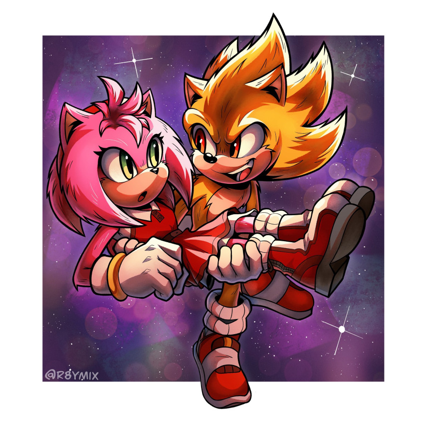 _bluearts amy_rose boots bracelet carrying carrying_person dress flying gloves gold_fur gold_hair green_eyes hairband highres jewelry medium_hair paramount_pictures pink_fur pink_hair red_eyes shoes sky smile socks sonamy sonic_(live_action) sonic_(series) sonic_the_hedgehog sonic_the_hedgehog_3_(film) spiked_hair star_(sky) starry_sky super_sonic