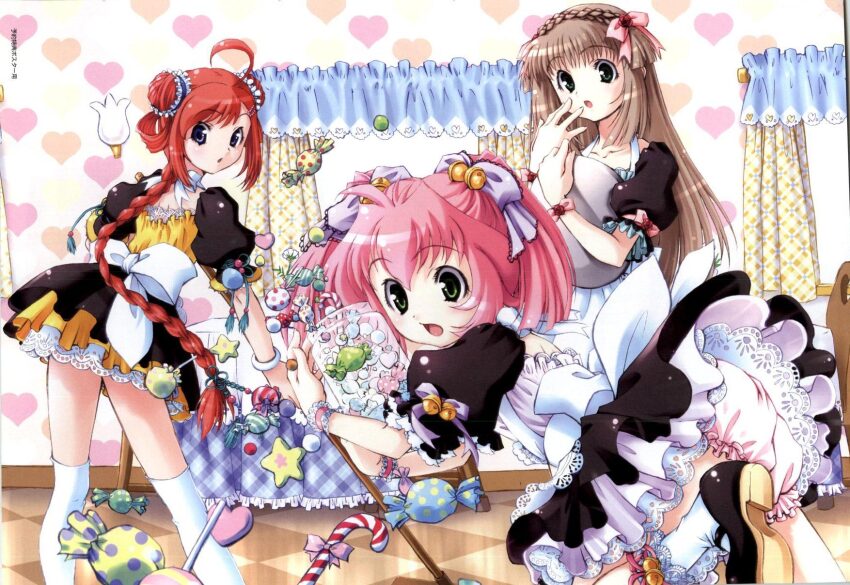 3girls :d apron bell bistro_cupid bistro_cupid_(series) bistro_cupid_2 black_footwear bloomers blush bow braid candy candy_cane celery_periwinkle chair checkered_floor cherry_maple cleaning curtains double_bun dress falling food frills hair_bell hair_bow hair_bun hair_ornament hair_ribbon headdress heart highres holding holding_jar jar light_brown_hair lollipop long_hair looking_back maid multiple_girls official_art open_mouth pandaki_(aki) pink_bow pink_hair puffy_sleeves purple_ribbon red_hair ribbon scan scarlet_clover shoes short_hair short_sleeves simple_background skirt smile socks star_(symbol) surprised table thighhighs tripping twintails underwear white_bow