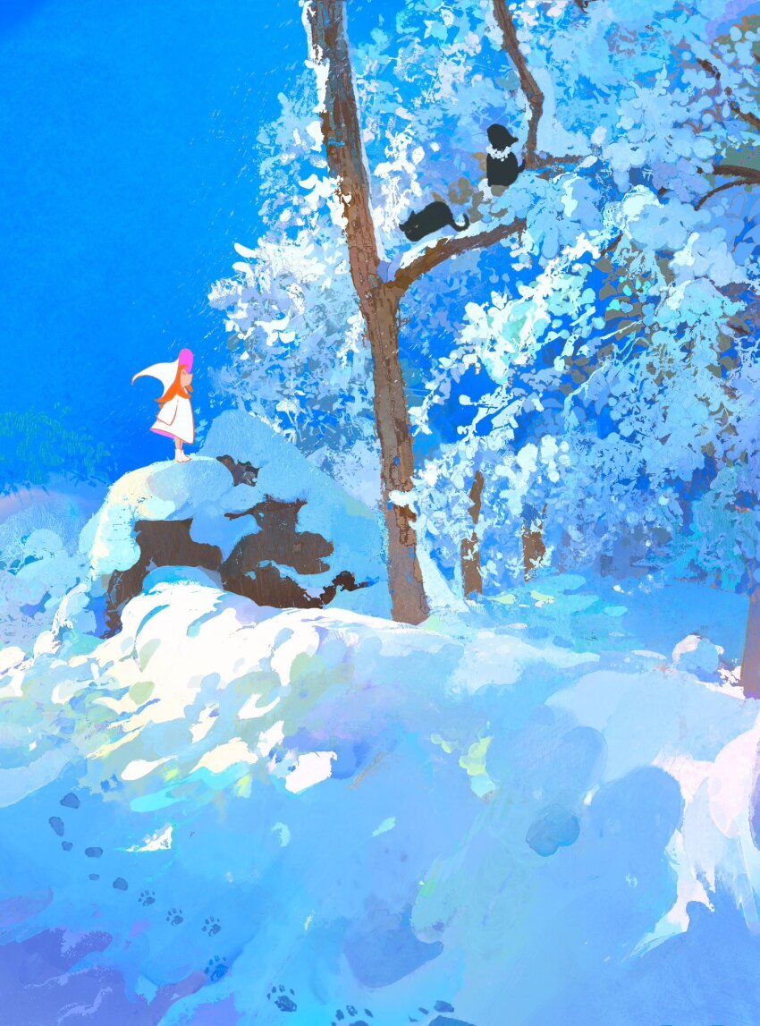 1girl barefoot black_cat blue_sky cat child commentary day dress from_side full_body hashtag-only_commentary hat highres long_hair long_sleeves looking_up medium_dress mengxuanliart orange_hair original outdoors paw_print sky snow solo standing standing_on_rock tree white_dress white_hat witch witch_hat
