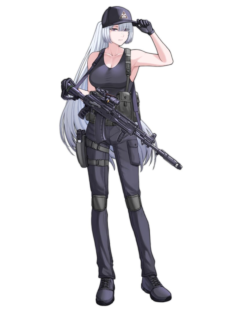 1girl 45_degree_offset_sight absurdres adjusting_clothes adjusting_headwear ak-15 ak-15_(girls&#039;_frontline) alternate_costume assault_rifle baseball_cap black_gloves black_hat black_pants black_shoes black_tank_top breasts closed_mouth collarbone commentary cross-laced_footwear full_body girls&#039;_frontline gloves grey_hair gun gun_sling hair_over_one_eye handgun hat highres holster holstered kalashnikov_rifle knee_pads long_hair looking_at_viewer mp-443_grach pants ponytail pouch purple_eyes ridwanpertamini rifle scope shoes simple_background solo standing tank_top thigh_holster weapon white_background