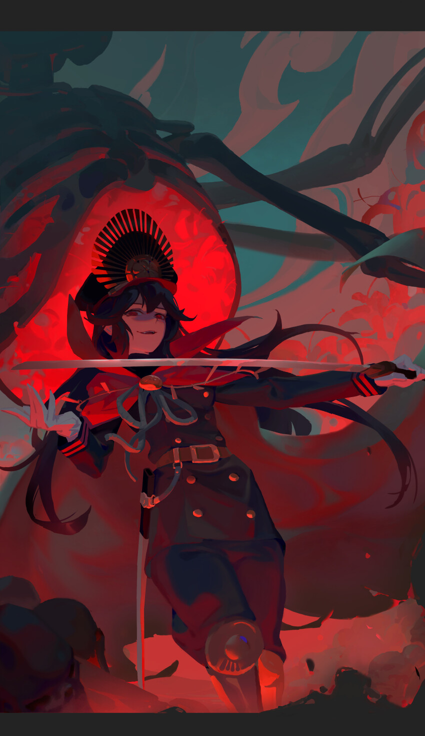 1girl absurdres black_hair breasts cape crest evil_smile family_crest fate/grand_order fate_(series) feet_out_of_frame fighting_stance flower gloves hair_between_eyes hat highres holding holding_sword holding_weapon jacket long_hair long_sleeves looking_at_viewer medium_breasts military military_uniform noble_phantasm_(fate) oda_nobunaga_(fate) oda_nobunaga_(koha-ace) oda_uri open_mouth peaked_cap qchbtb red_eyes skull smile solo spider_lily standing sword weapon